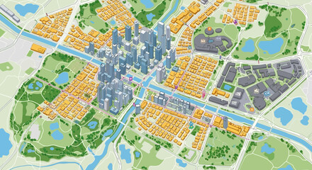 Fototapeta premium Isometric City Map Illustration: Modern Urban Development with Green Spaces and Waterways