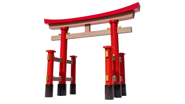 Traditional red and wood Japanese torii gate, isolated on transparent background