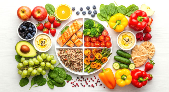 A visual representation of a balanced and nutritious diet plate with various foods