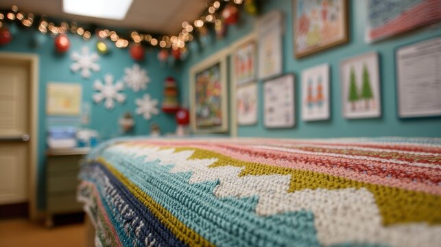 Medium shot of a winterthemed pediatric exam room with festive decorations a childfriendly exam table in focus and colorful seasonal wall charts gently blurred.