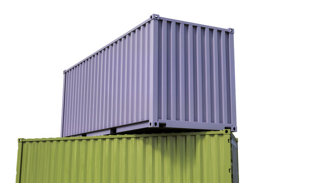 Two stacked shipping containers one purple and one green, isolated on transparent background