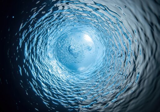 Abstract underwater view of a swirling water vortex with bubbles