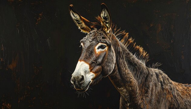 Close-up portrait of a brown donkey against a dark background.