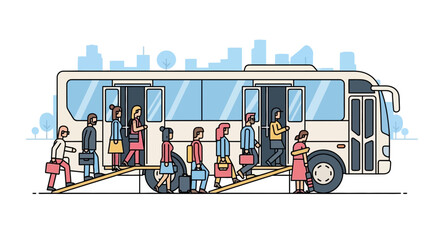 Diverse commuters boarding bus with open doors, city skyline background, vector illustration © Ani