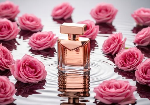 Luxury perfume bottle surrounded by pink roses