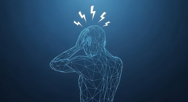 Digital wireframe figure with hands on head, lightning bolt above, blue background