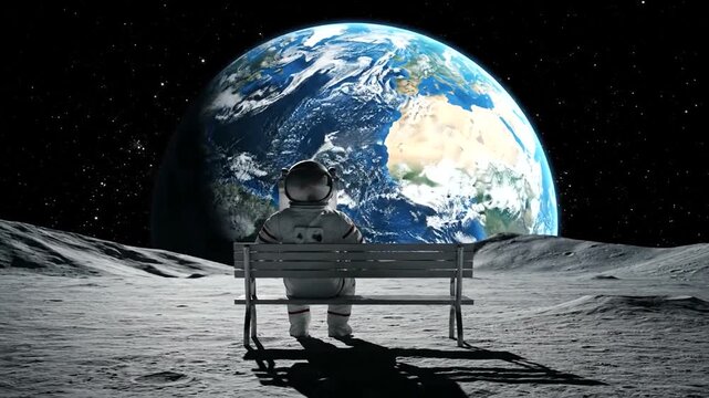 Astronaut sitting on a bench on the moon looking at Earth, a stunning view of our home planet from space.