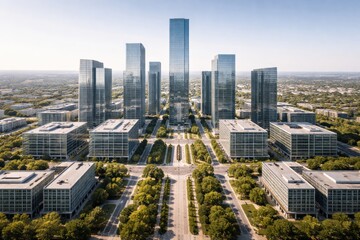 Obraz premium Aerial view of modern city skyline with skyscrapers and green urban park at golden hour