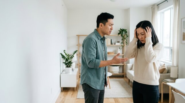 Couple arguing in living room, woman distressed, man frustrated and gesturing