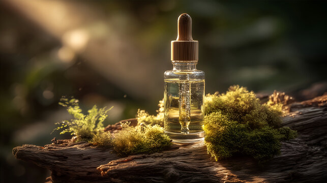 Natural essential oil bottle on mossy wood in sunlit forest
