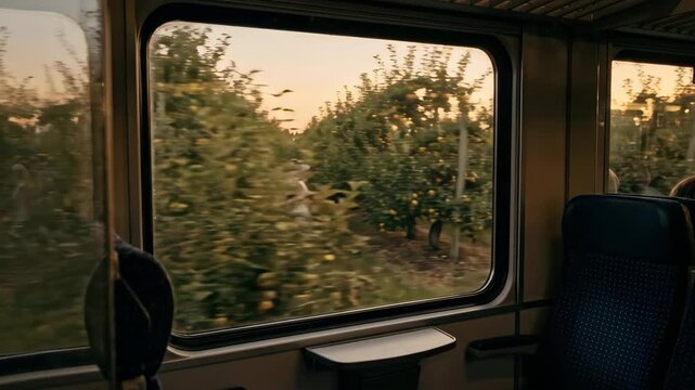Train passenger looking through window at an anachronistic scene of women in historical dresses harvesting apples in an orchard at sunset, blending past and present