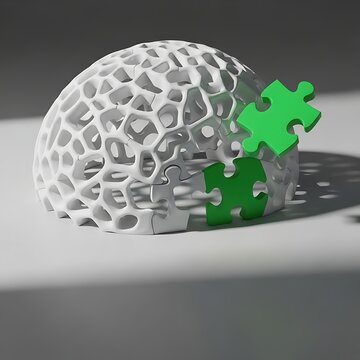 Abstract white lattice dome with green puzzle pieces connecting.