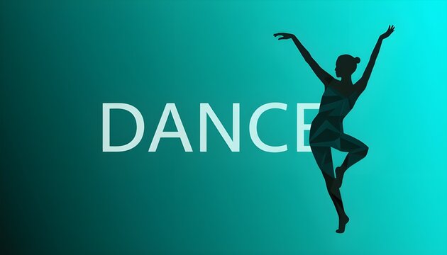 A dancer in a dynamic pose against a vibrant teal background with the word dance