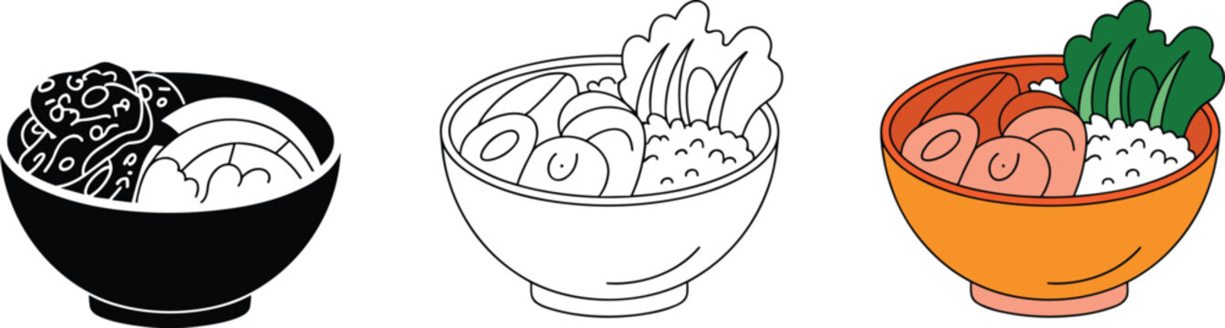 Japanese ramen or poke bowl set featuring rice meat and vegetables in solid black line art and color vector styles,