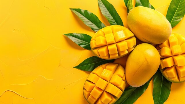 Vibrant summer banner featuring fresh ripe mangos surrounded by tropical leaves on yellow background