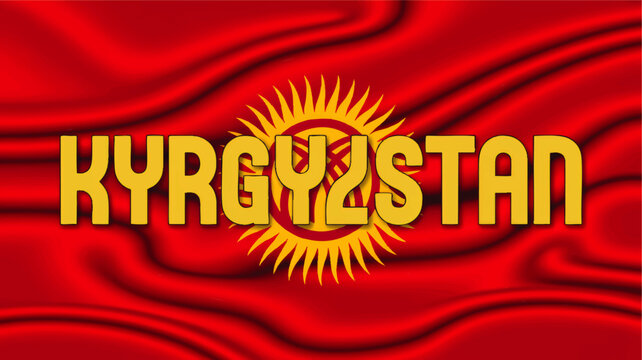 Kyrgyzstan Flag with Bold Typography on Waving Red Fabric Background, National Symbol Illustration for Travel and Patriotism
