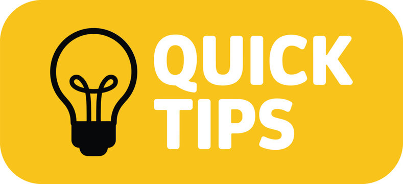 Quick tips yellow banner icon with lightbulb symbol for creative ideas helpful hints tutorials and educational blog content,