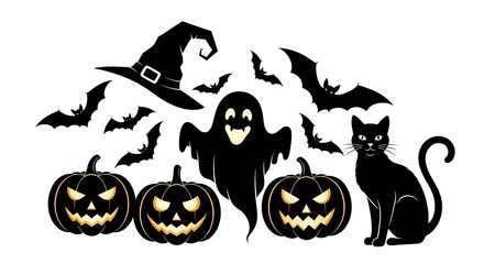 Obraz premium Silhouetted Halloween elements bats, pumpkins, witch hat, ghost, and cat, all spooky