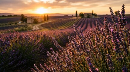Obraz premium Golden sunset illuminates rolling lavender fields with a rustic farmhouse in the distance