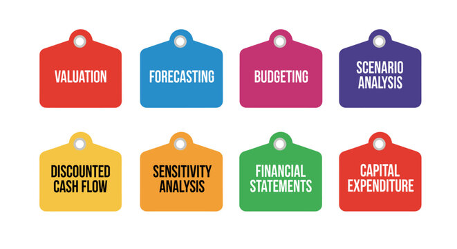Collection of eight colorful business finance tags featuring valuation, forecasting, budgeting, scenario analysis, discounted cash flow, sensitivity analysis, financial