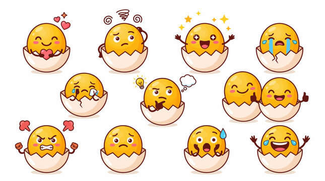 Collection of cute emoji eggs expressing various emotions, a delightful cartoon graphic for creative projects