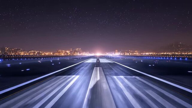 A runway leads into the distance, with bright lights, A long runway stretches into the distance