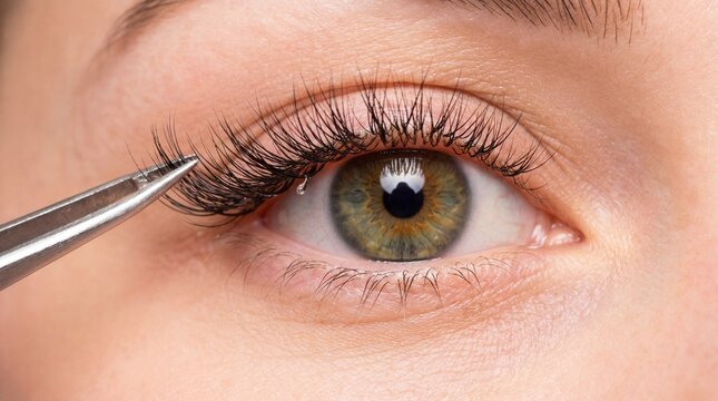 Close up of a person's eye receiving eyelash extensions with tweezers applying false lashes for dramatic volume and length enhancement