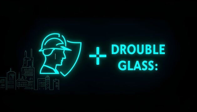 A neon sign with a construction worker and shield logo next to the words Drouble Glass on a dark background