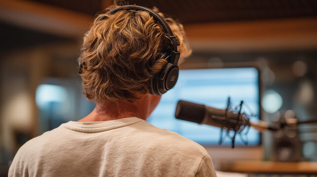 Voice actor in a recording booth wearing headphones, staring at a monitor displaying side-by-side transcripts with one labeled synthetic clone, confronting AI voice cloning ethics, perfect for audio