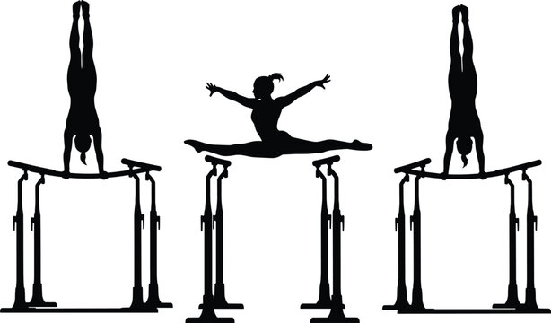 Gymnast silhouettes, parallel bars routine, handstand pose, split leap, athletic strength, balance, flexibility, sports icon, gymnastics art, training design