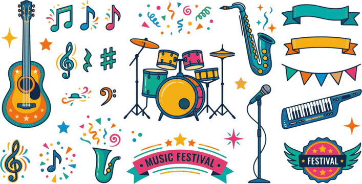 Music Festival Themed Stickers, Icons, and Instruments Illustration