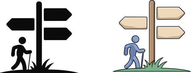 Outdoor hiking signpost icon set featuring a traveler with walking stick and multiple directional arrows for mountain trekking path © Md