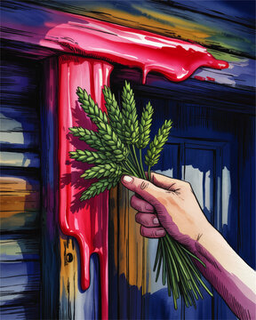 Dramatic biblical scene digital painting of a hand holding wheat at an old wooden doorway with dripping red liquid and passover anointing