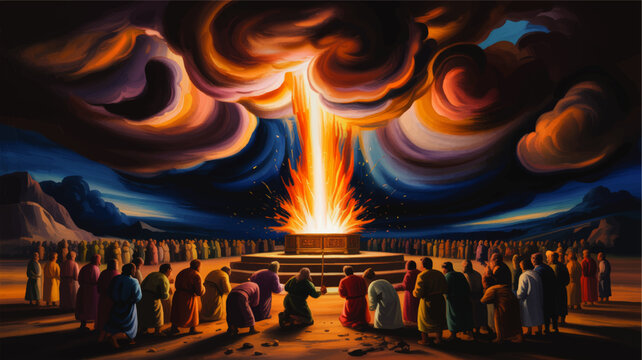 Ancient altar with divine fire descending from storm clouds over praying crowd in desert, dramatic biblical digital painting