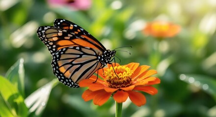 Obraz premium Monarch butterfly on vibrant orange zinnia flower in garden for Wildlife Month