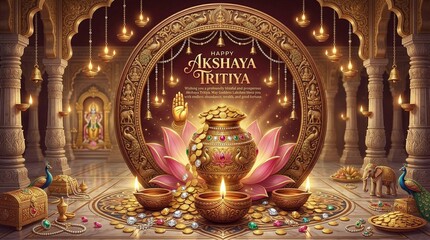 Obraz premium Opulent Akshaya Tritiya celebration with overflowing pot of gold coins and divine blessings in a grand temple setting