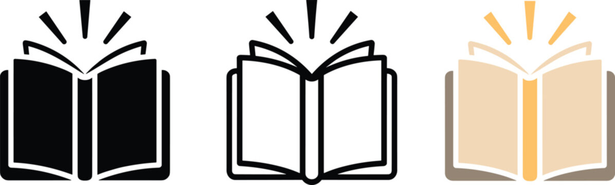 Open book icon set with light rays representing knowledge education learning and literature in black outline and color styles,