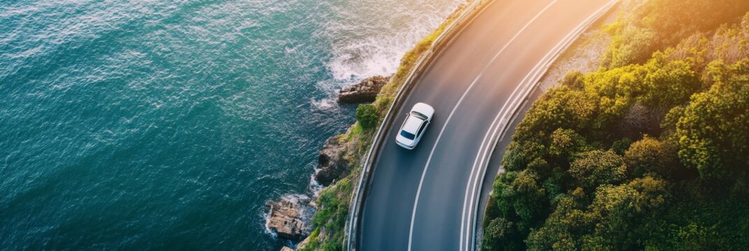 Car drives on coastal road near water during golden hour by the seaside