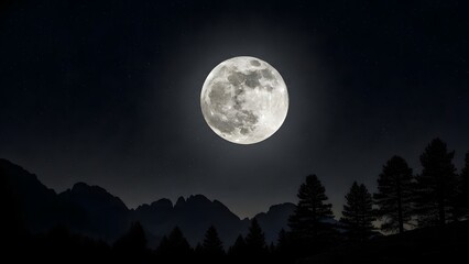 Fototapeta premium A breathtaking full moon hangs suspended in the dark night sky, casting a gentle glow over the rugged silhouettes of distant mountains and a serene coniferous forest below