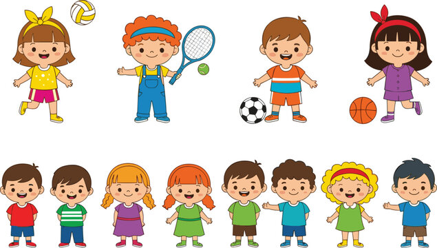 Cute Kids Characters Collection with Sports Activities and Standing Children Cartoon Figures for Education and Play Illustration Design