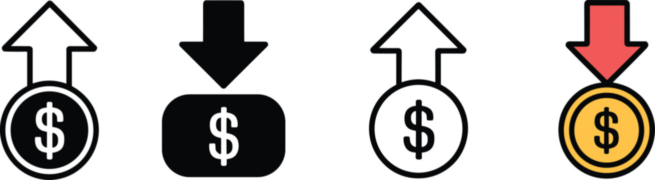 Financial dollar coin icon set with up and down arrows representing profit growth loss and market trend fluctuations in vector style,