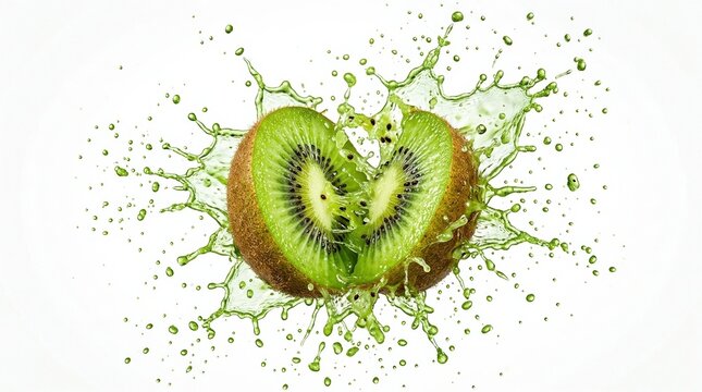 Juicy green kiwi fruit cut in half with vibrant juice splash and seeds isolated on white background for fresh fruit drink concept