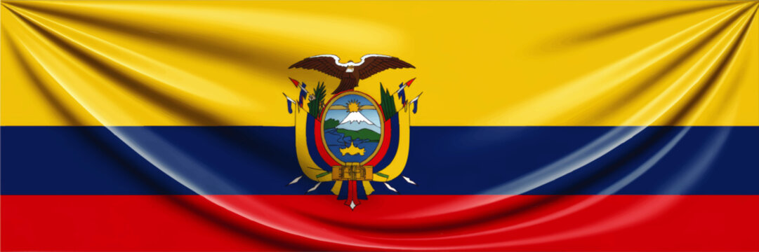 Glossy Ecuador Flag with National Coat of Arms, Waving Silk Fabric Texture in Yellow Blue Red for Patriotic Travel Design