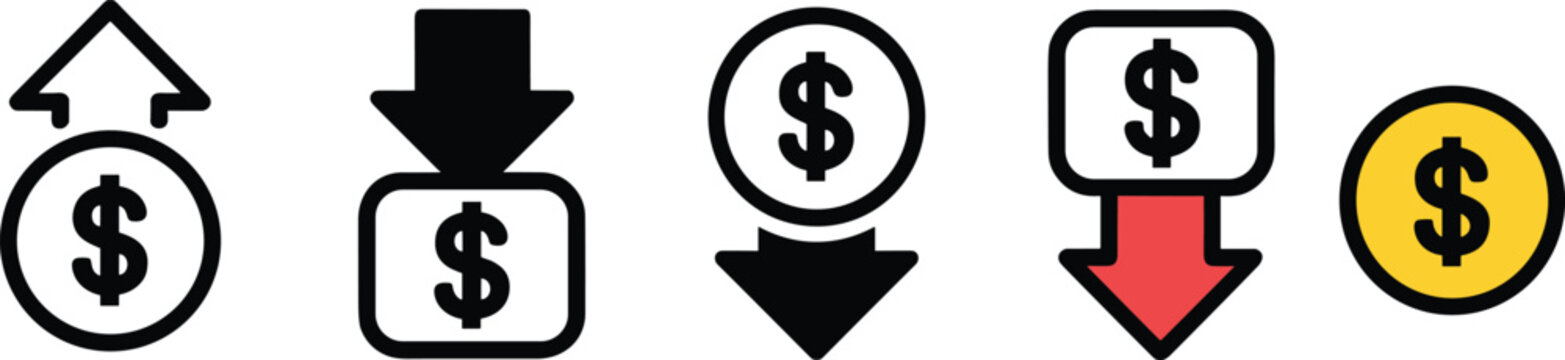 Financial dollar coin icon set with up and down arrows representing profit growth loss and market trend fluctuations in vector style