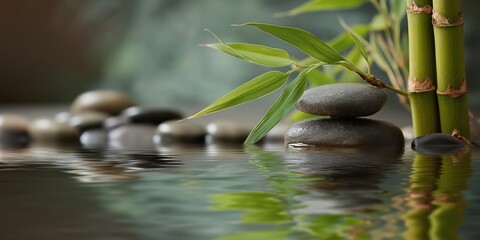 Naklejka premium Close up of smooth volcanic stones stacked by green bamboo stalks in tranquil water, ideal for beauty salon branding, aromatherapy, and holistic healing advertisements.
