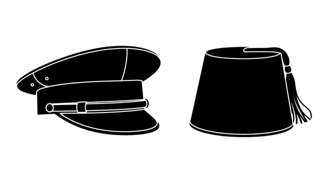 Two traditional hats a peaked cap and a fez depicted in black