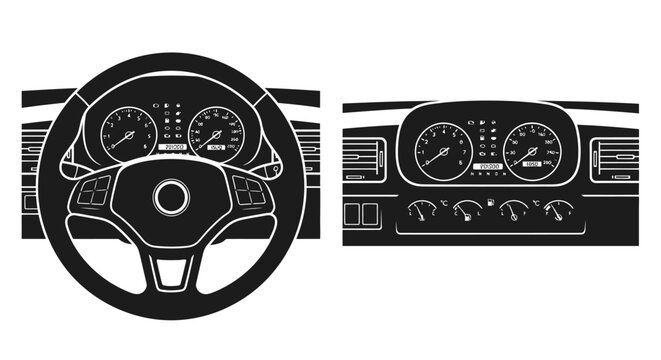 Detailed illustration of a car dashboard and steering wheel setup