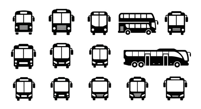 Collection of black silhouette bus icons in varying styles and sizes