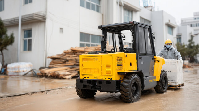 Emergency supply truck parked at flood-damaged warehouse, workers in rain gear offloading emergency generator on pallet jack, muddy water line visible on building wall, ideal for disaster relief log