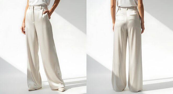 Front and back views of elegant, wide-leg, ivory-colored trousers against a white backdrop